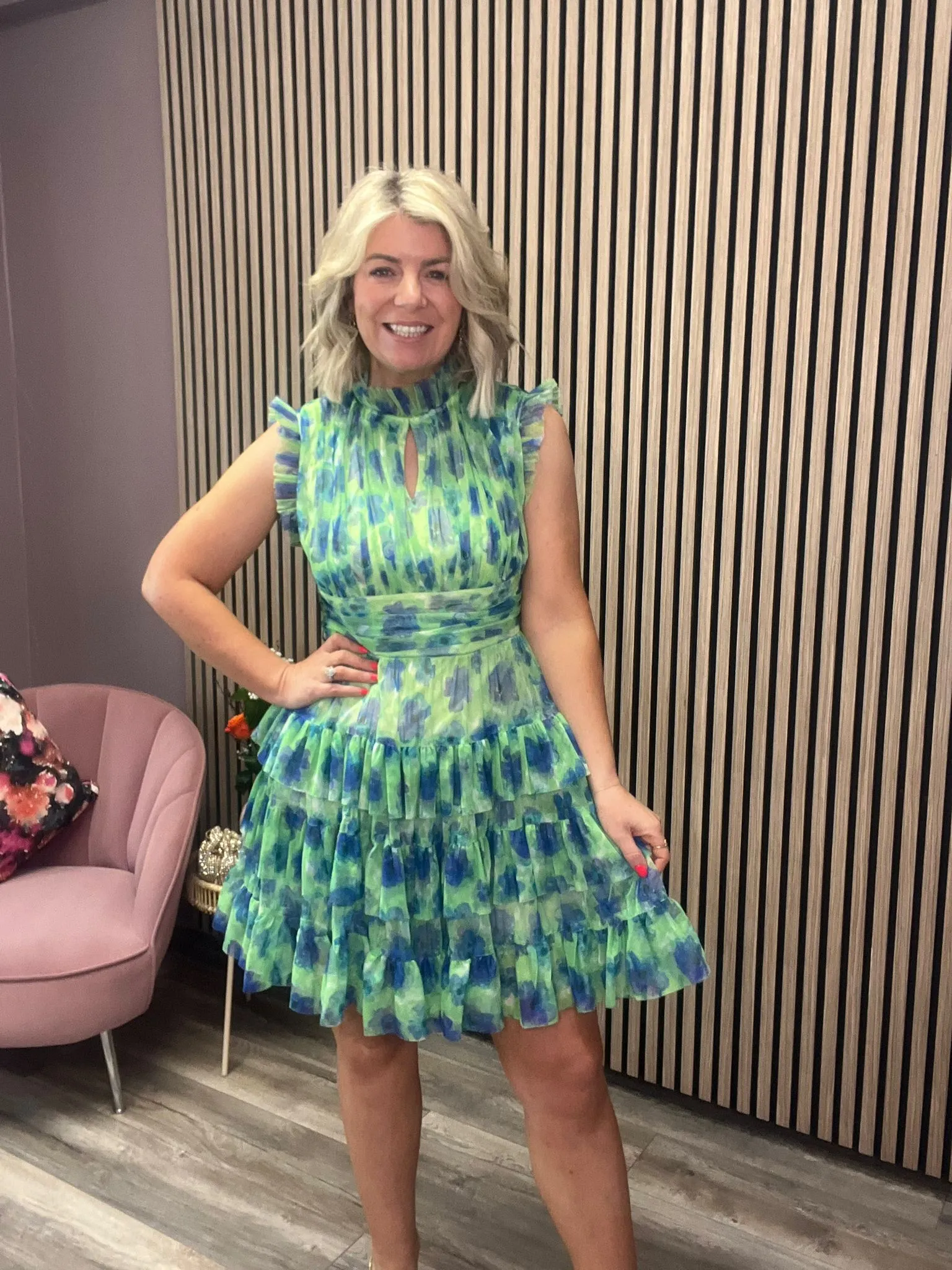 AMERIGA TULLE MINI DRESS (GREEN/BLUE FLOWER)