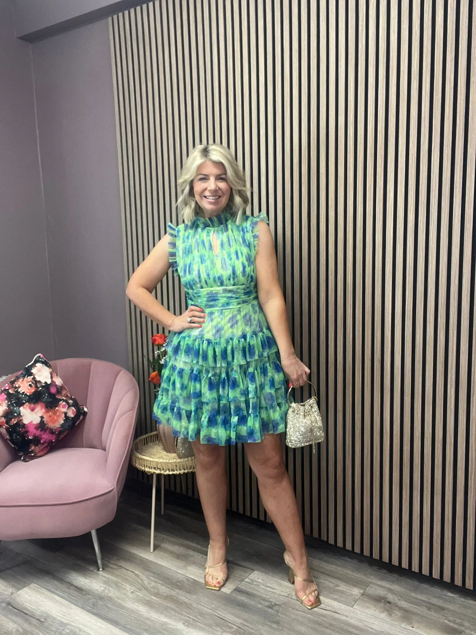 AMERIGA TULLE MINI DRESS (GREEN/BLUE FLOWER)