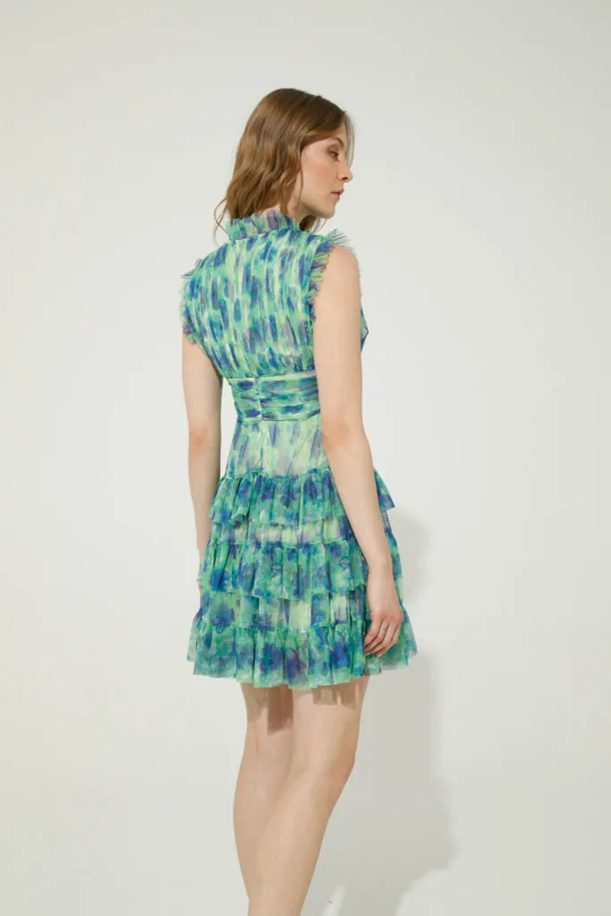 AMERIGA TULLE MINI DRESS (GREEN/BLUE FLOWER)