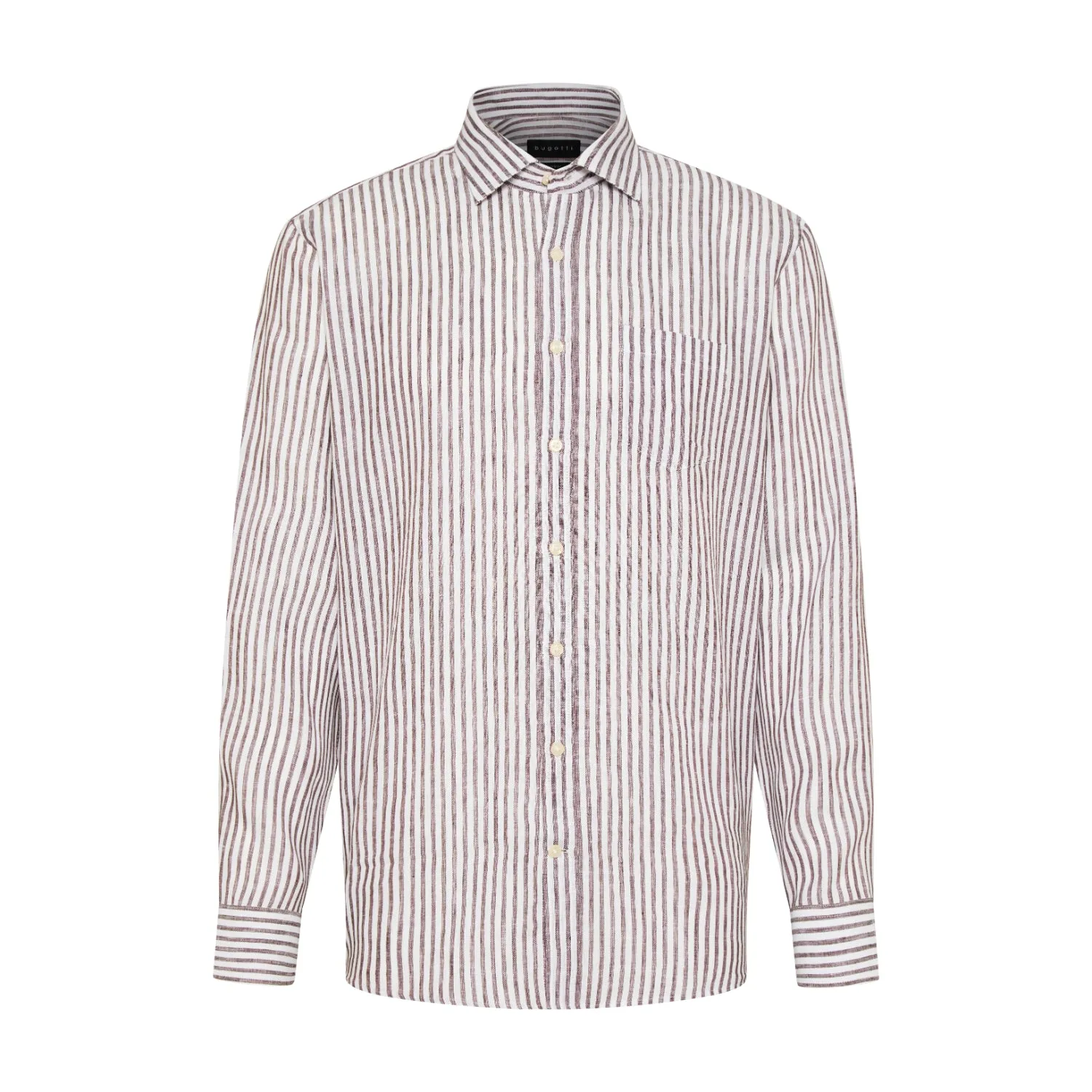 Bugatti Men's White and Brown Striped Long-Sleeve Linen Shirt