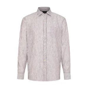 Bugatti Men's White and Brown Striped Long-Sleeve Linen Shirt