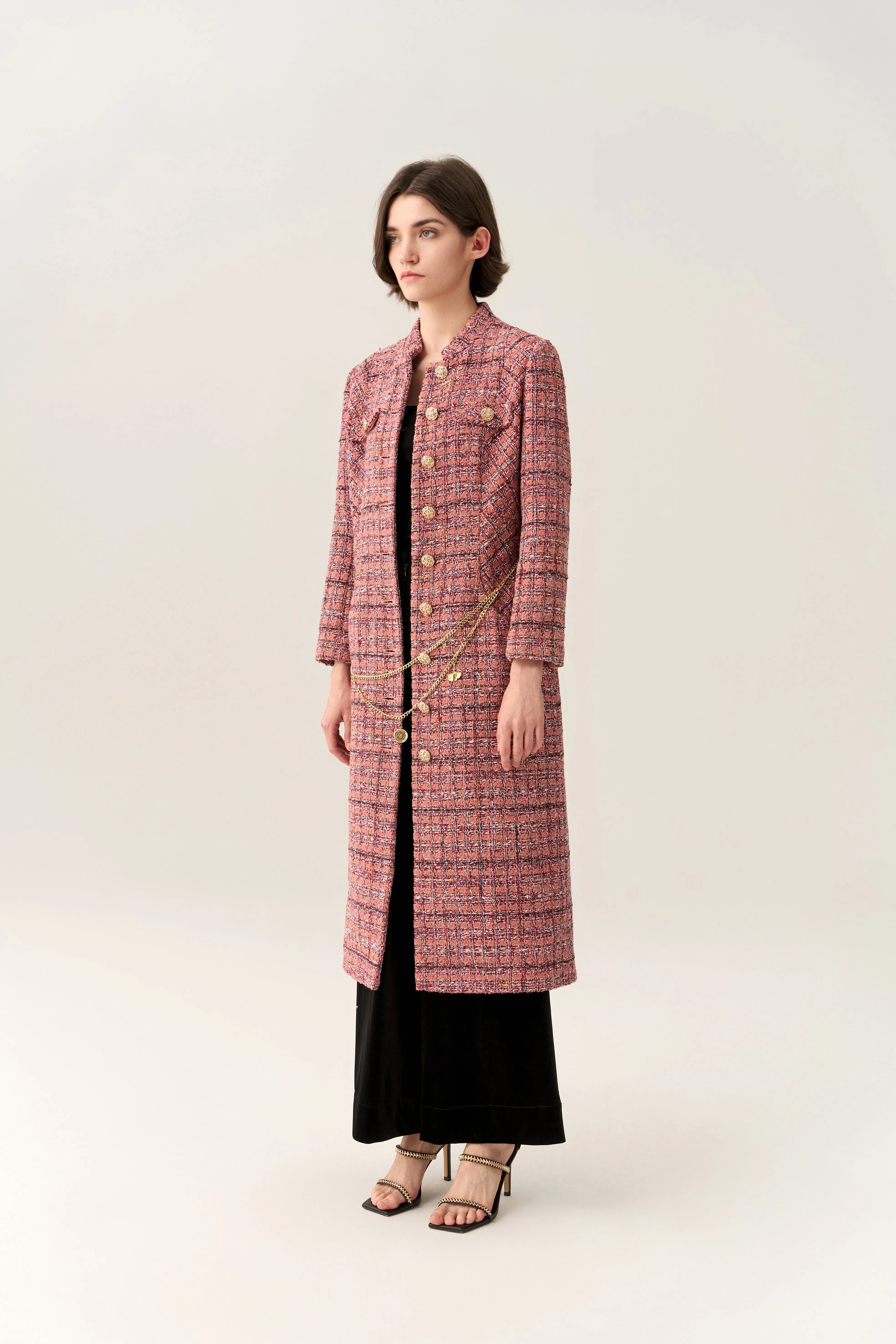 Charm-detail Chain Belt Stand Collar Tweed Dress
