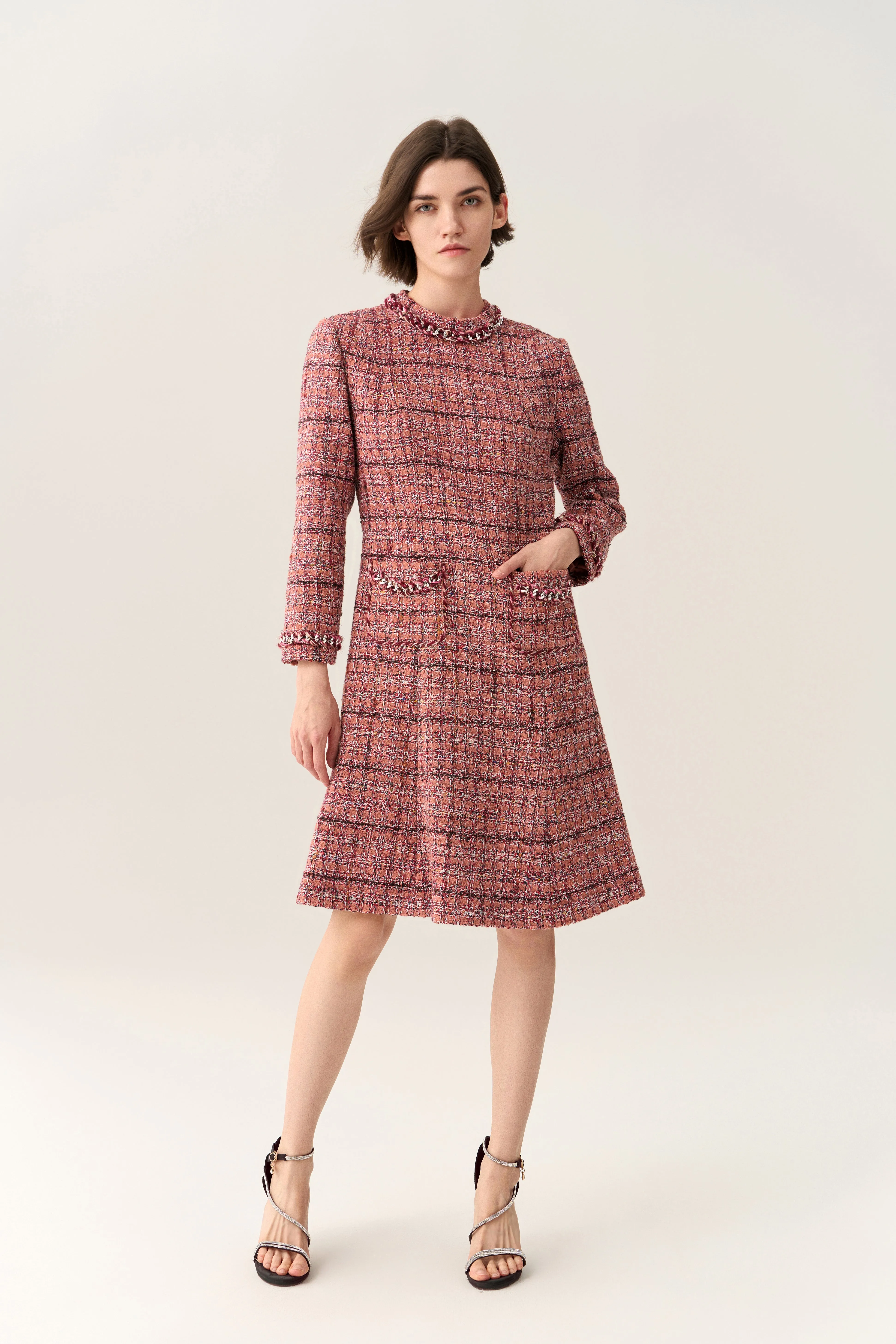 Checked Braid-trim Patch Pocket A-line Dress
