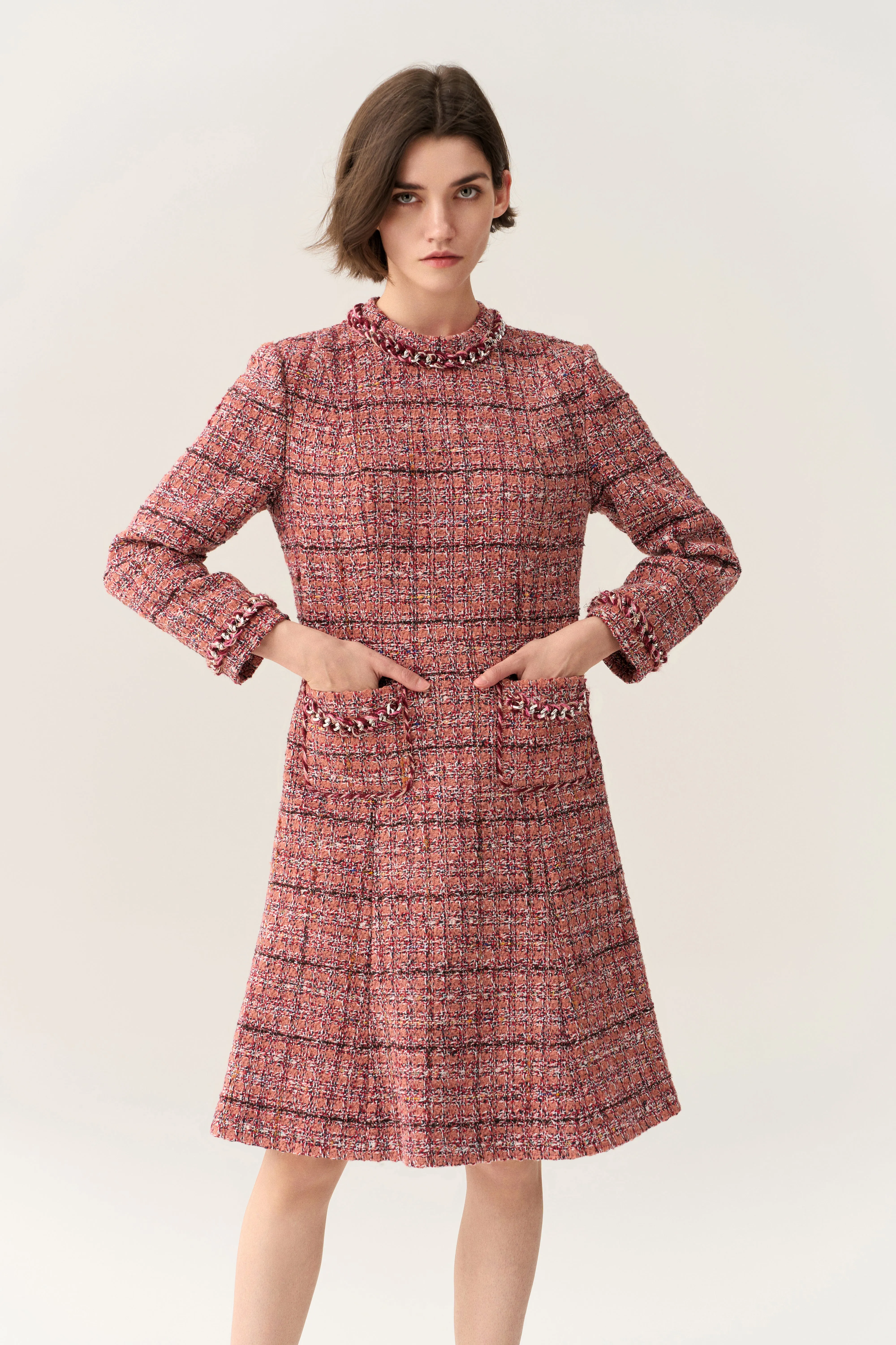 Checked Braid-trim Patch Pocket A-line Dress