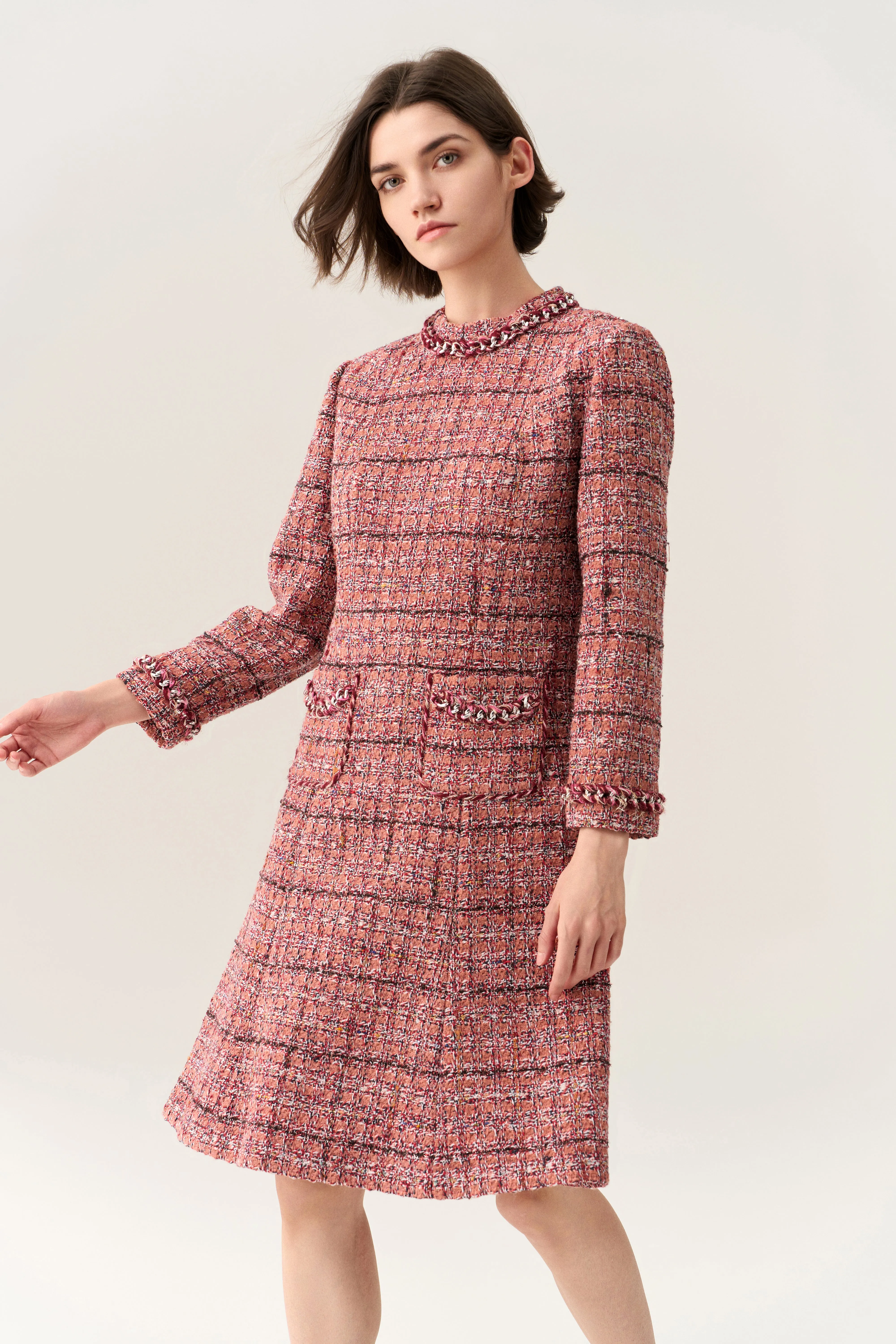 Checked Braid-trim Patch Pocket A-line Dress
