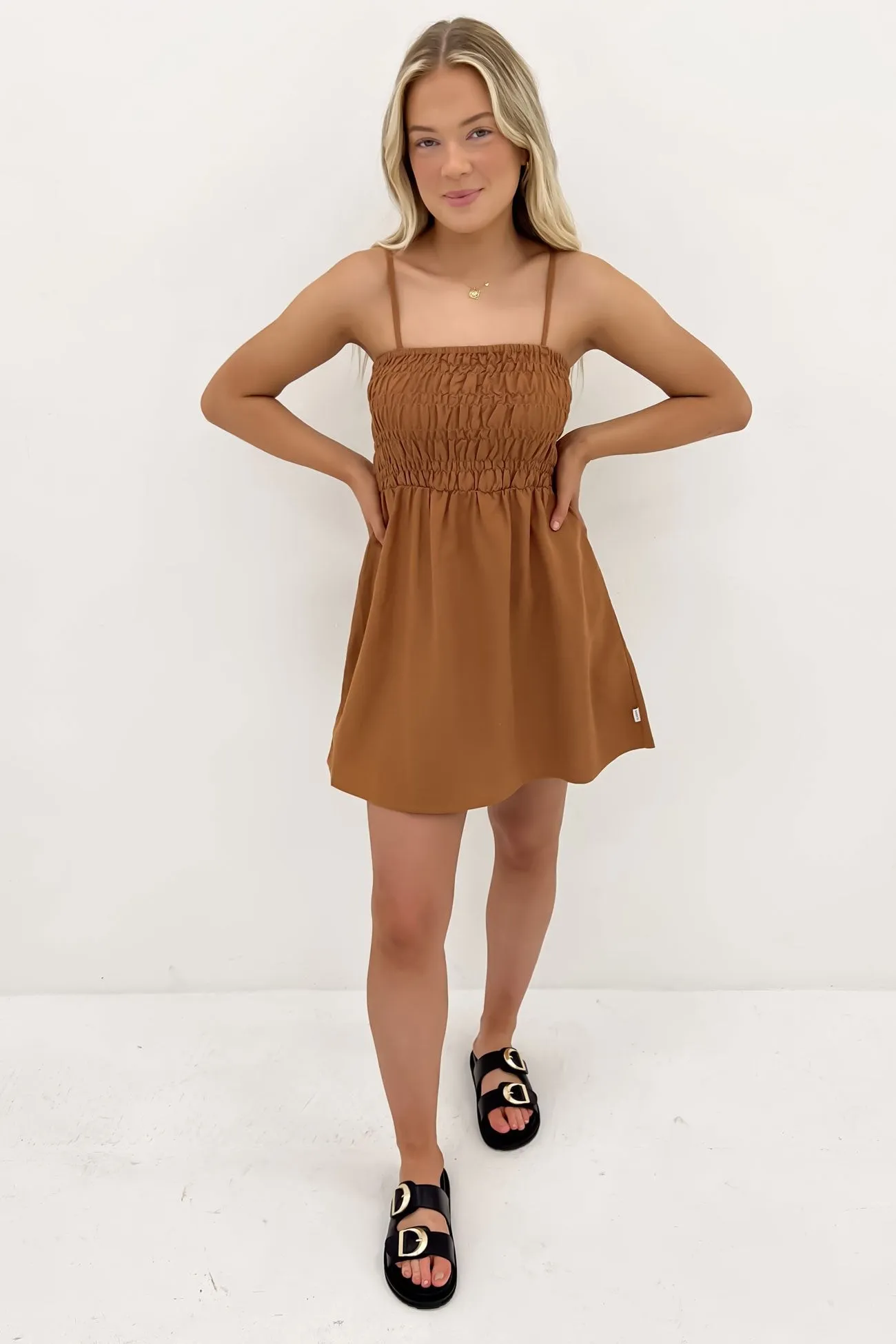 Classic Shirred Mini Dress Caramel