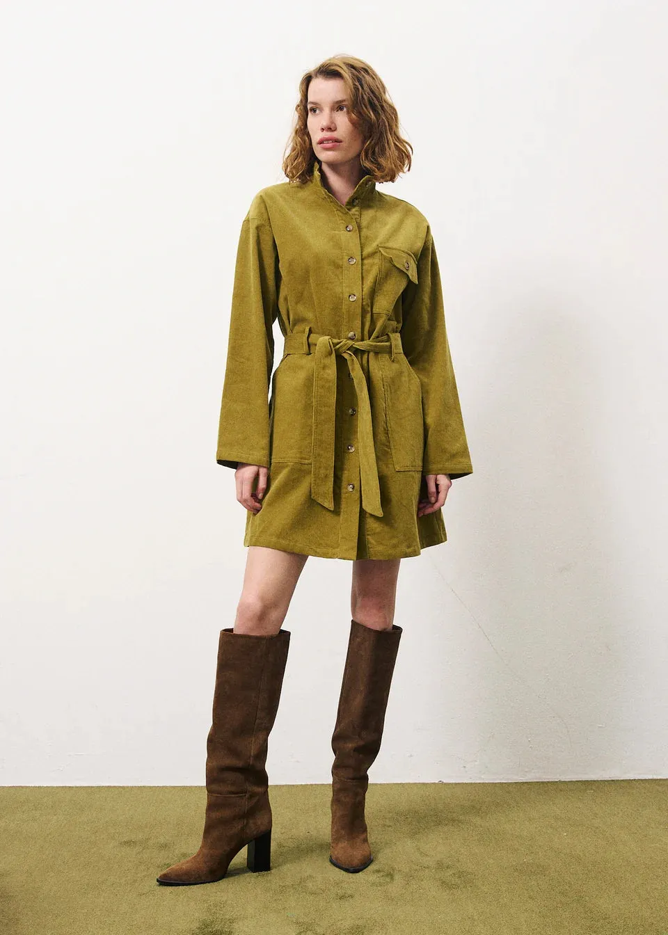 Cloelia Corduroy Mini Dress (Olive)