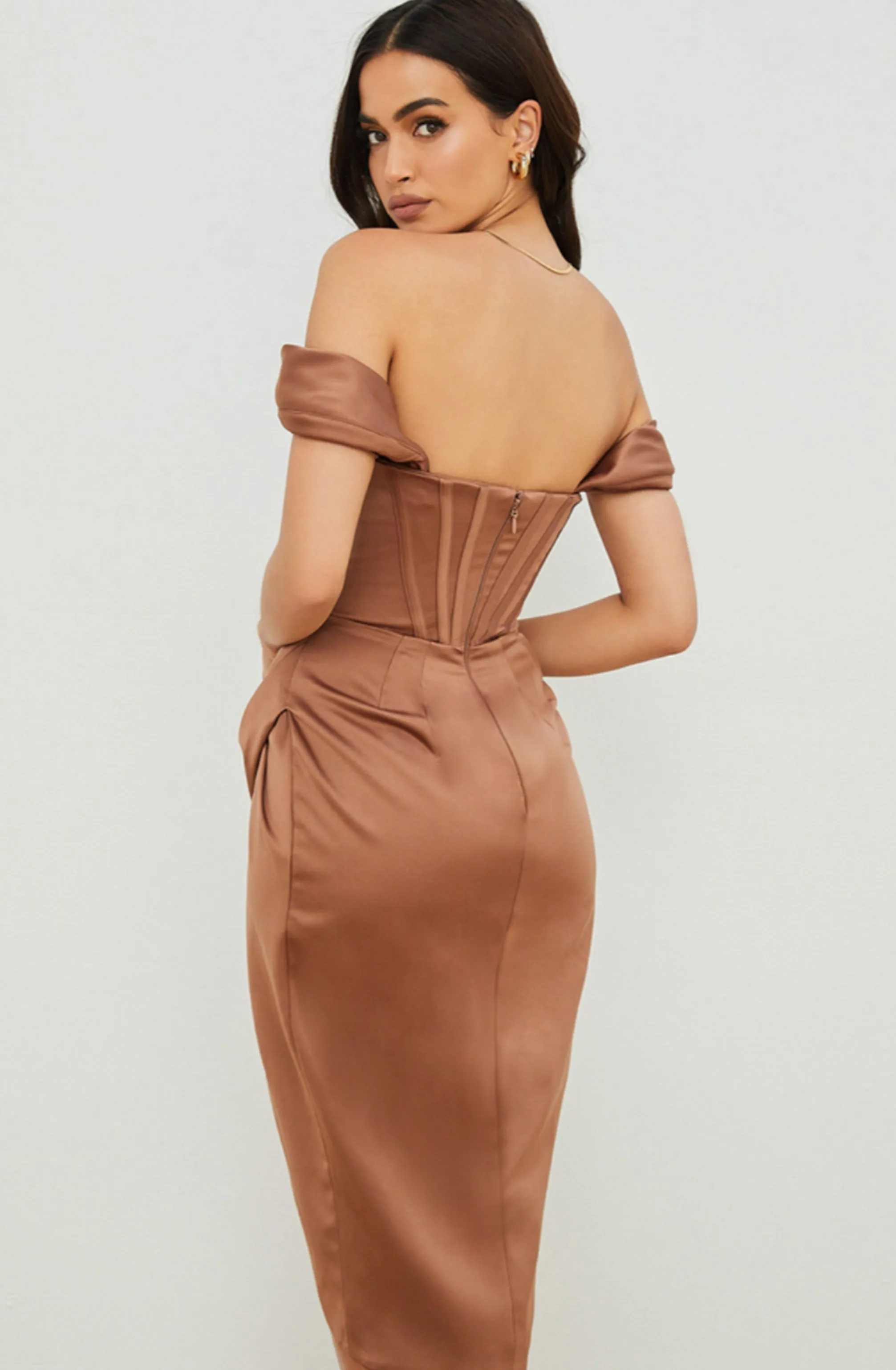 FINAL SALE: Loretta Toffee Satin Off Shoulder Dress by House of CB