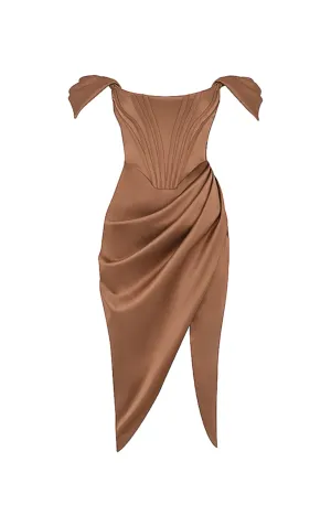 FINAL SALE: Loretta Toffee Satin Off Shoulder Dress by House of CB