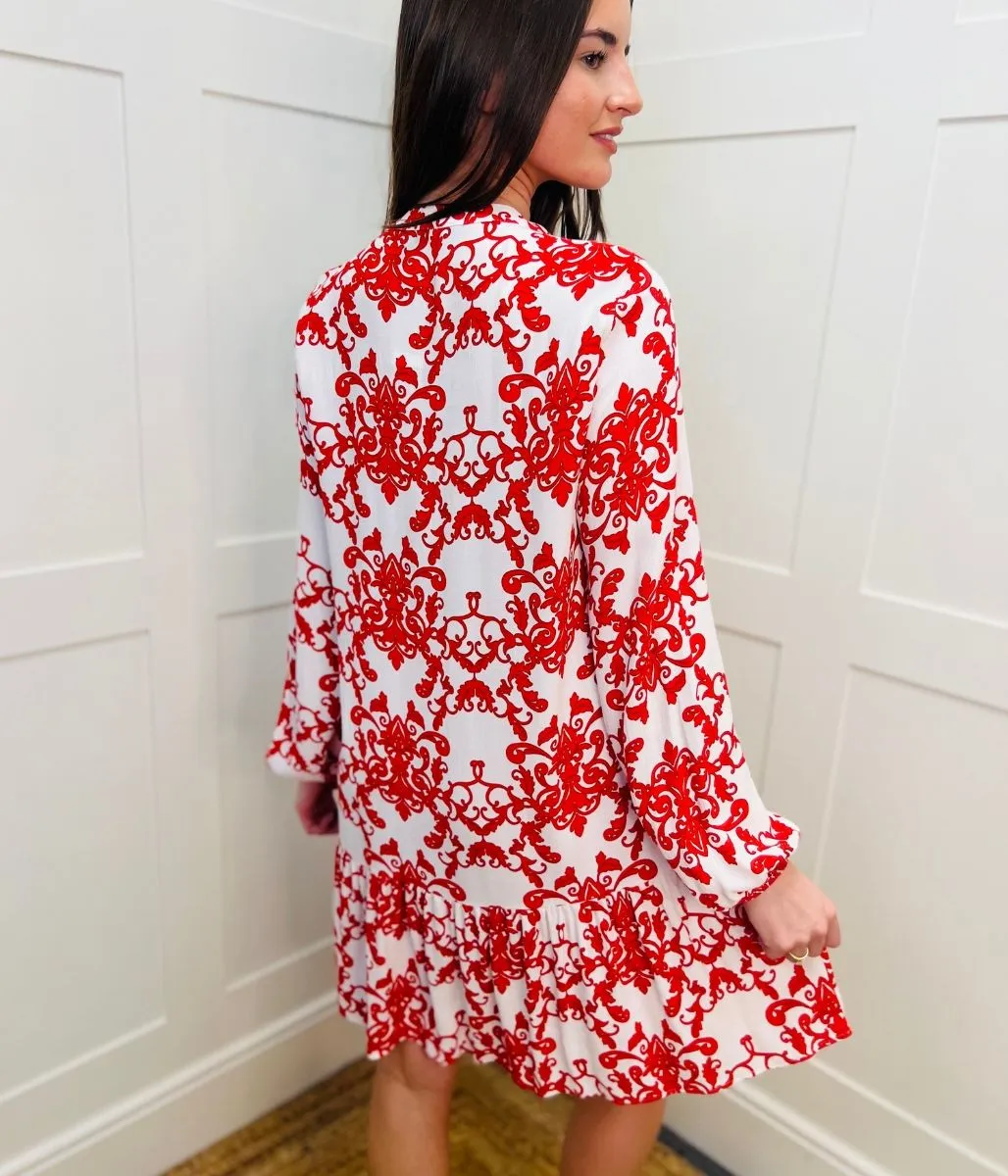 Ivory & Red Baroque Print Dress