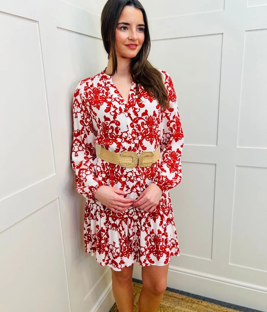 Ivory & Red Baroque Print Dress