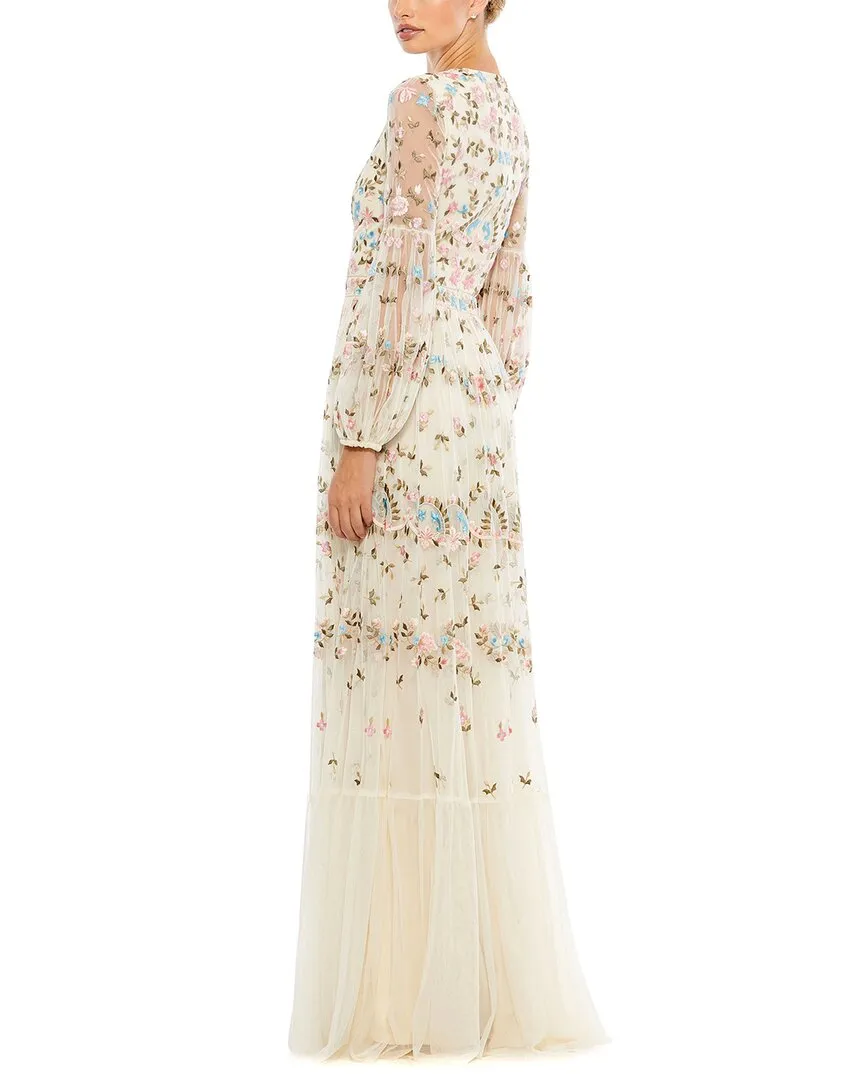 Mac Duggal Embroidered High Neck Illusion Sleeve Tiered Gown