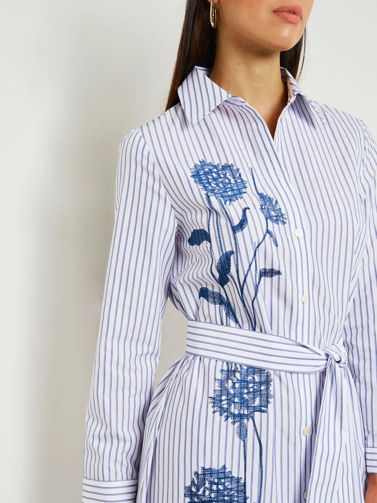 Midi A-Line Shirtdress - Embroidered Cotton Blend