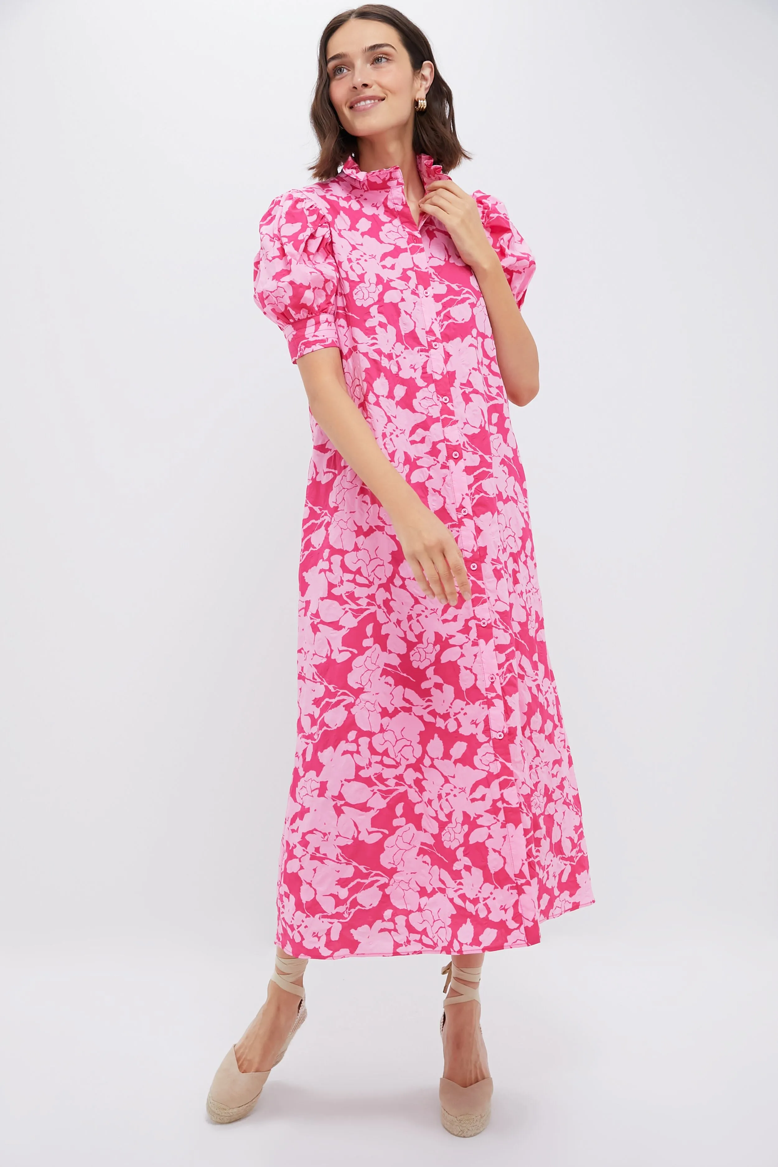 Pink Textured Floral Ruffle Collar Louisa Maxi Dress