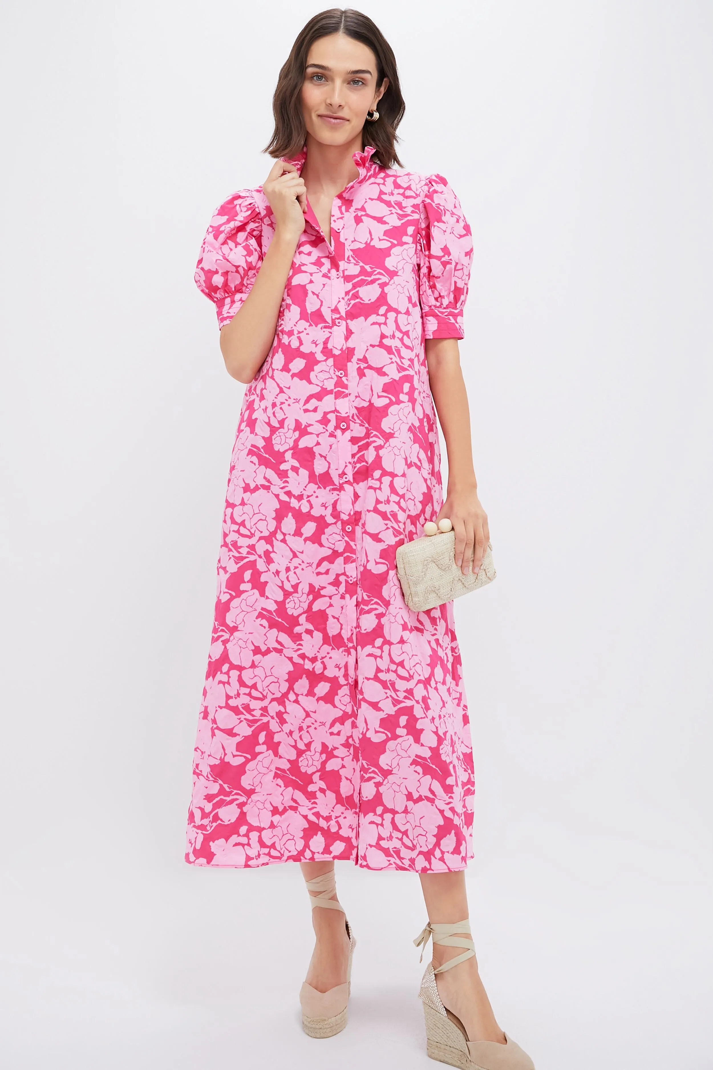Pink Textured Floral Ruffle Collar Louisa Maxi Dress