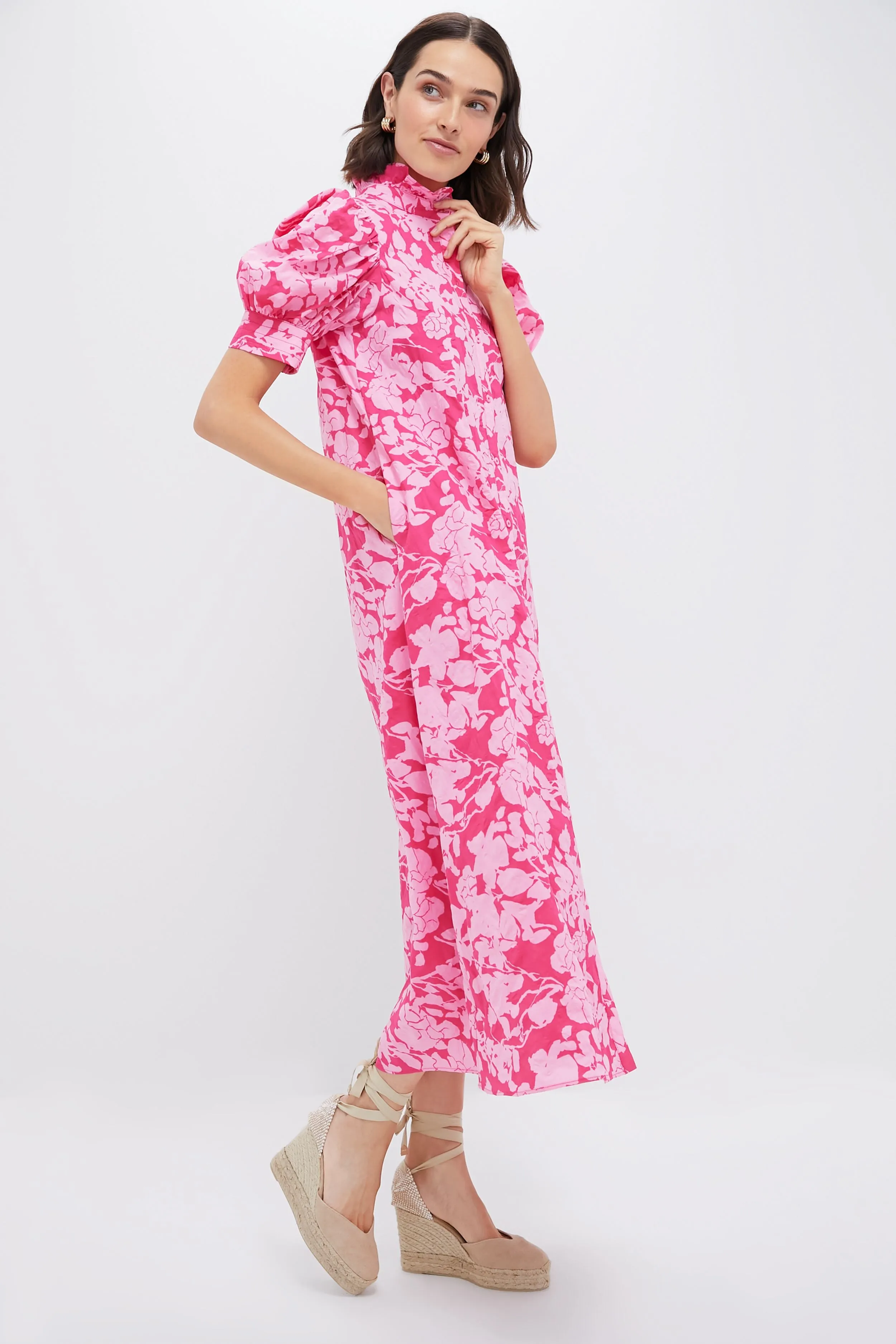 Pink Textured Floral Ruffle Collar Louisa Maxi Dress