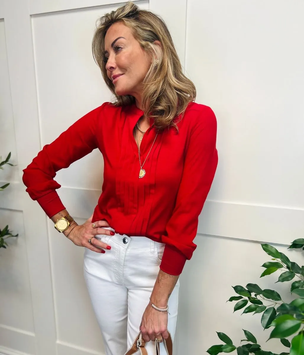 Red Pleated Jersey Blouse
